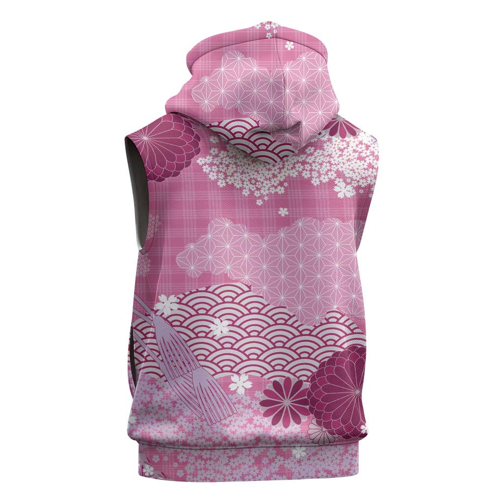 Pink Palaka Japanese Patterns Sleeveless Hoodie Asanoha Seigaiha Sakura Motif - Polynesian Pride