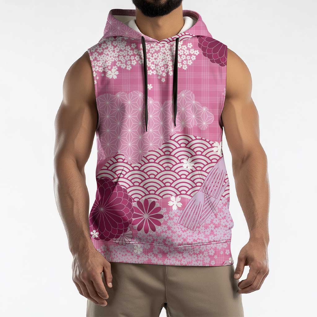 Pink Palaka Japanese Patterns Sleeveless Hoodie Asanoha Seigaiha Sakura Motif - Polynesian Pride