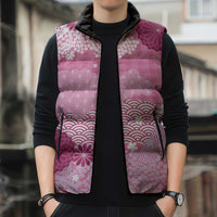 Pink Palaka Japanese Patterns Sleeveless Puffer Jacket Asanoha Seigaiha Sakura Motif - Polynesian Pride