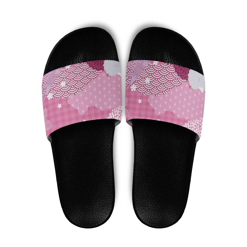 Pink Palaka Japanese Patterns Slide Sandals Asanoha Seigaiha Sakura Motif - Polynesian Pride