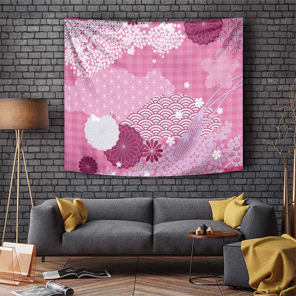 Pink Palaka Japanese Patterns Tapestry Asanoha Seigaiha Sakura Motif LT14 Pink - Polynesian Pride