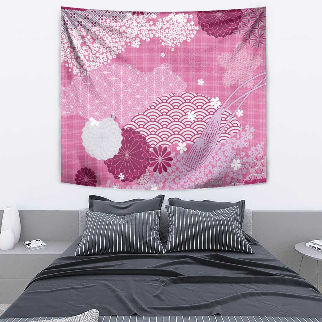 Pink Palaka Japanese Patterns Tapestry Asanoha Seigaiha Sakura Motif LT14 - Polynesian Pride