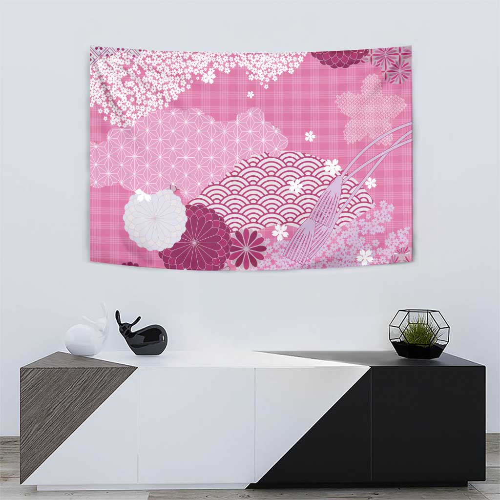 Pink Palaka Japanese Patterns Tapestry Asanoha Seigaiha Sakura Motif LT14 - Polynesian Pride
