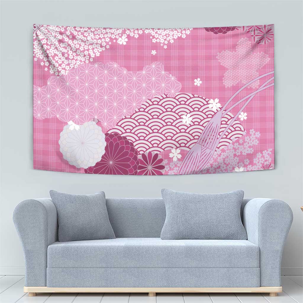 Pink Palaka Japanese Patterns Tapestry Asanoha Seigaiha Sakura Motif LT14 - Polynesian Pride