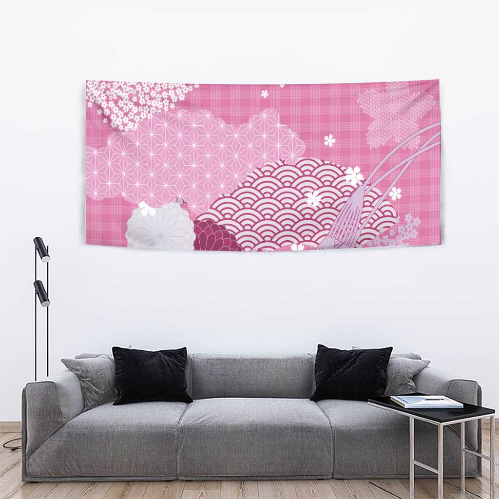 Pink Palaka Japanese Patterns Tapestry Asanoha Seigaiha Sakura Motif LT14 - Polynesian Pride