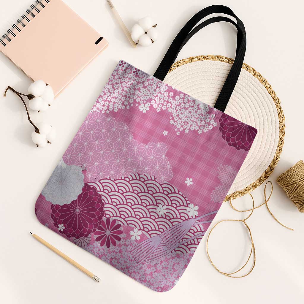 Pink Palaka Japanese Patterns Tote Bag Asanoha Seigaiha Sakura Motif - Polynesian Pride
