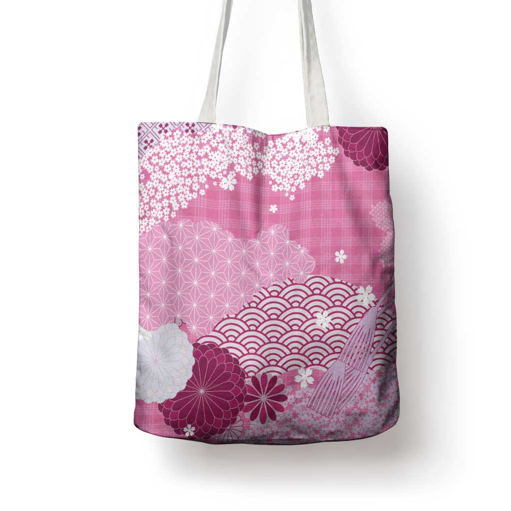 Pink Palaka Japanese Patterns Tote Bag Asanoha Seigaiha Sakura Motif - Polynesian Pride