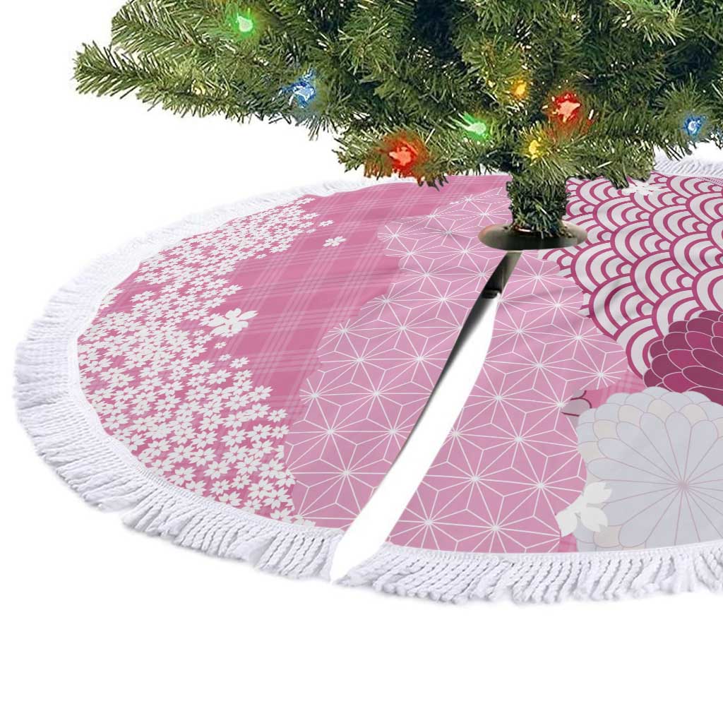 Pink Palaka Japanese Patterns Tree Skirt Asanoha Seigaiha Sakura Motif - Polynesian Pride