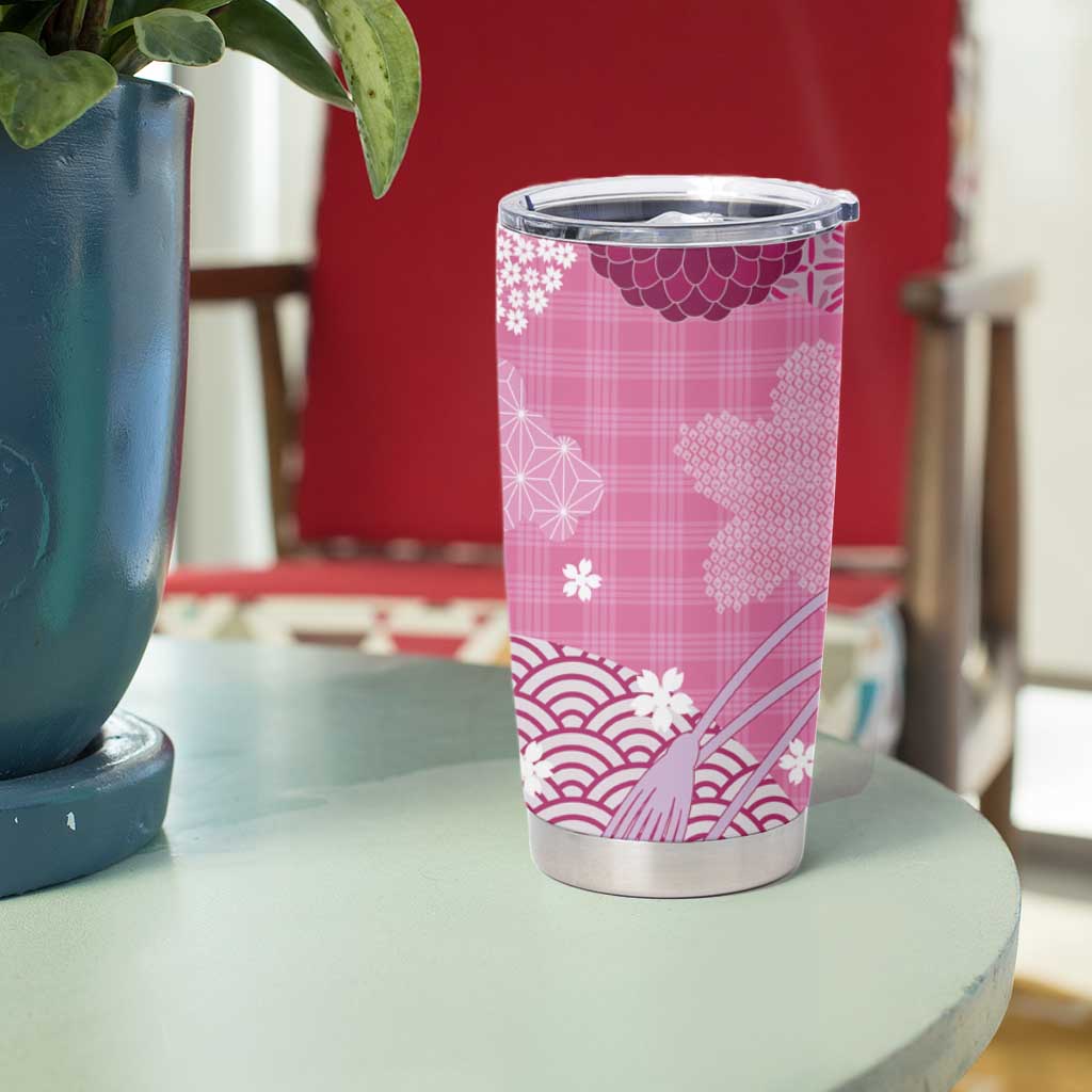 Pink Palaka Japanese Patterns Tumbler Cup Asanoha Seigaiha Sakura Motif - Polynesian Pride