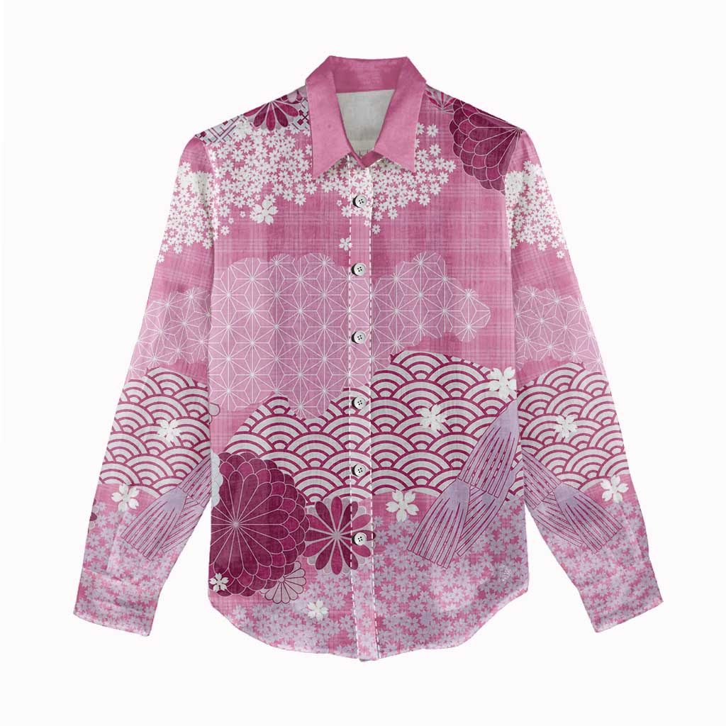 Pink Palaka Japanese Patterns Women Casual Shirt Asanoha Seigaiha Sakura Motif - Polynesian Pride