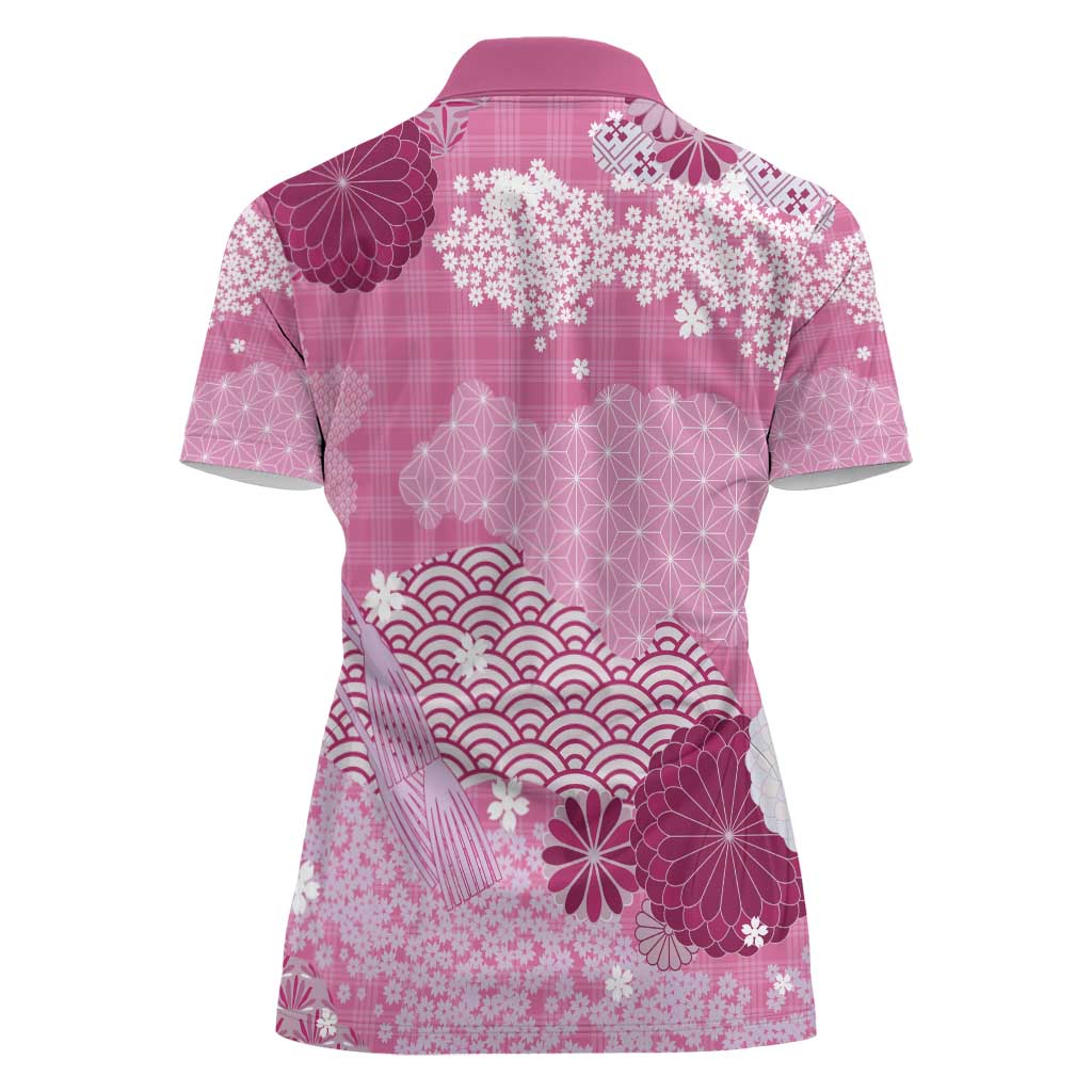 Pink Palaka Japanese Patterns Women Polo Shirt Asanoha Seigaiha Sakura Motif - Polynesian Pride