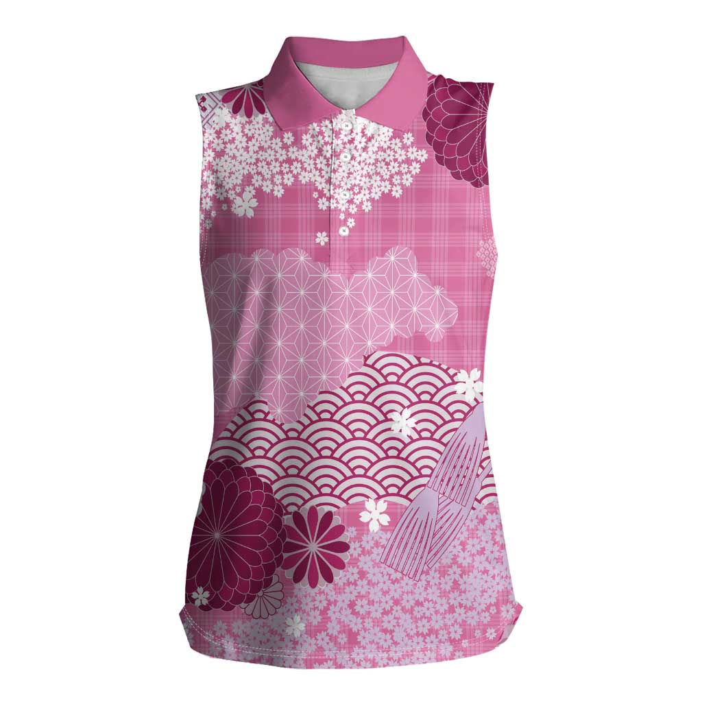 Pink Palaka Japanese Patterns Women Sleeveless Polo Shirt Asanoha Seigaiha Sakura Motif - Polynesian Pride