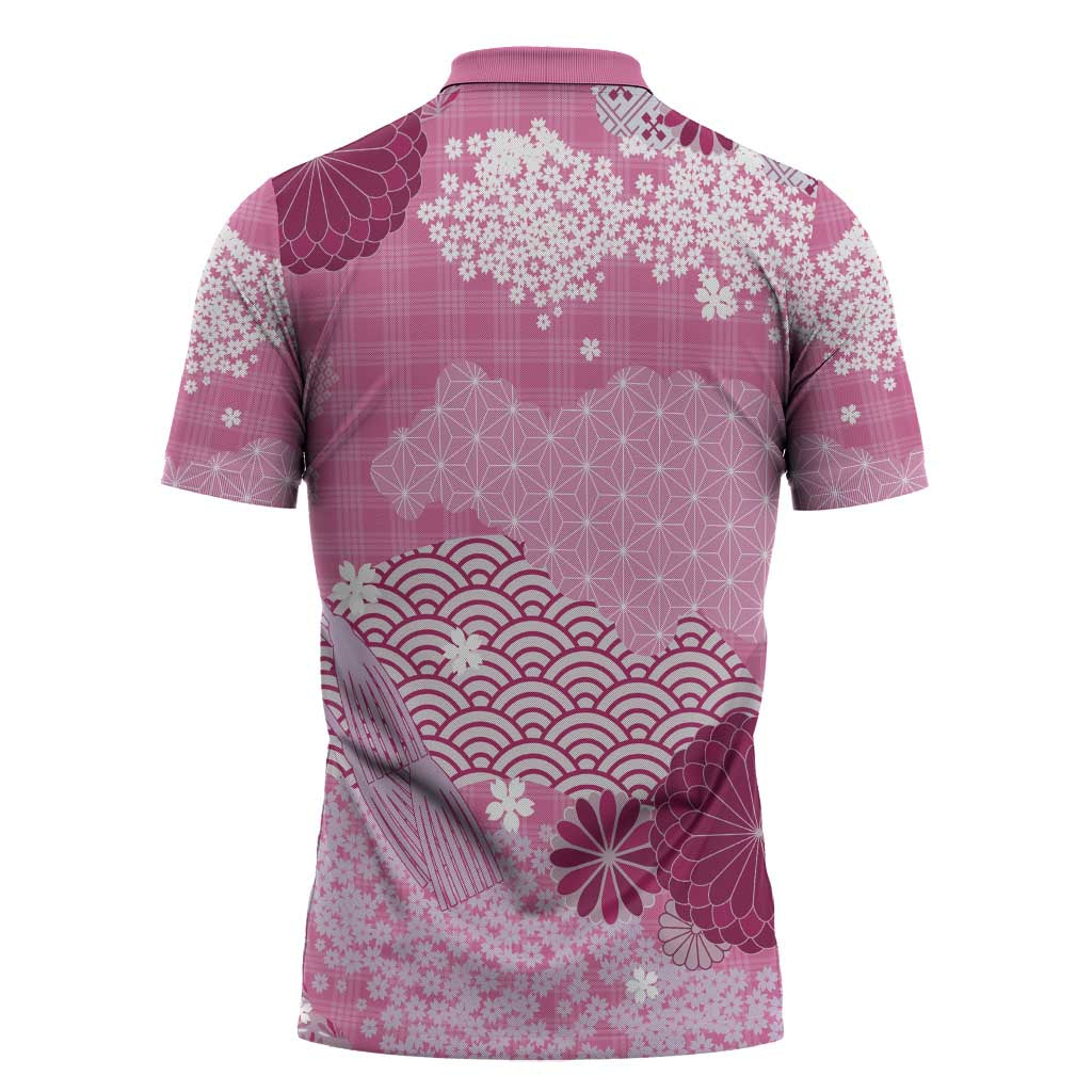 Pink Palaka Japanese Patterns Zipper Polo Shirt Asanoha Seigaiha Sakura Motif - Polynesian Pride