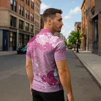 Pink Palaka Japanese Patterns Zipper Polo Shirt Asanoha Seigaiha Sakura Motif - Polynesian Pride
