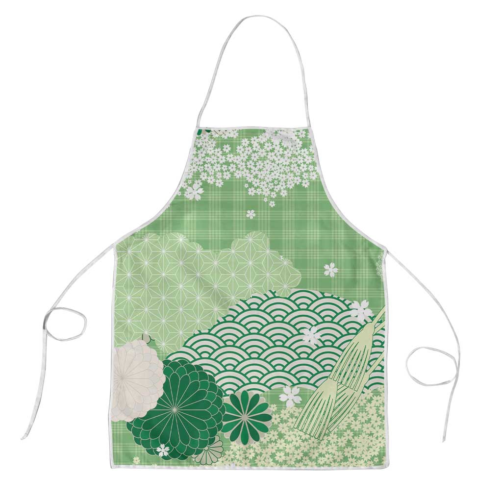 Green Palaka Japanese Patterns Apron Asanoha Seigaiha Sakura Motif - Polynesian Pride