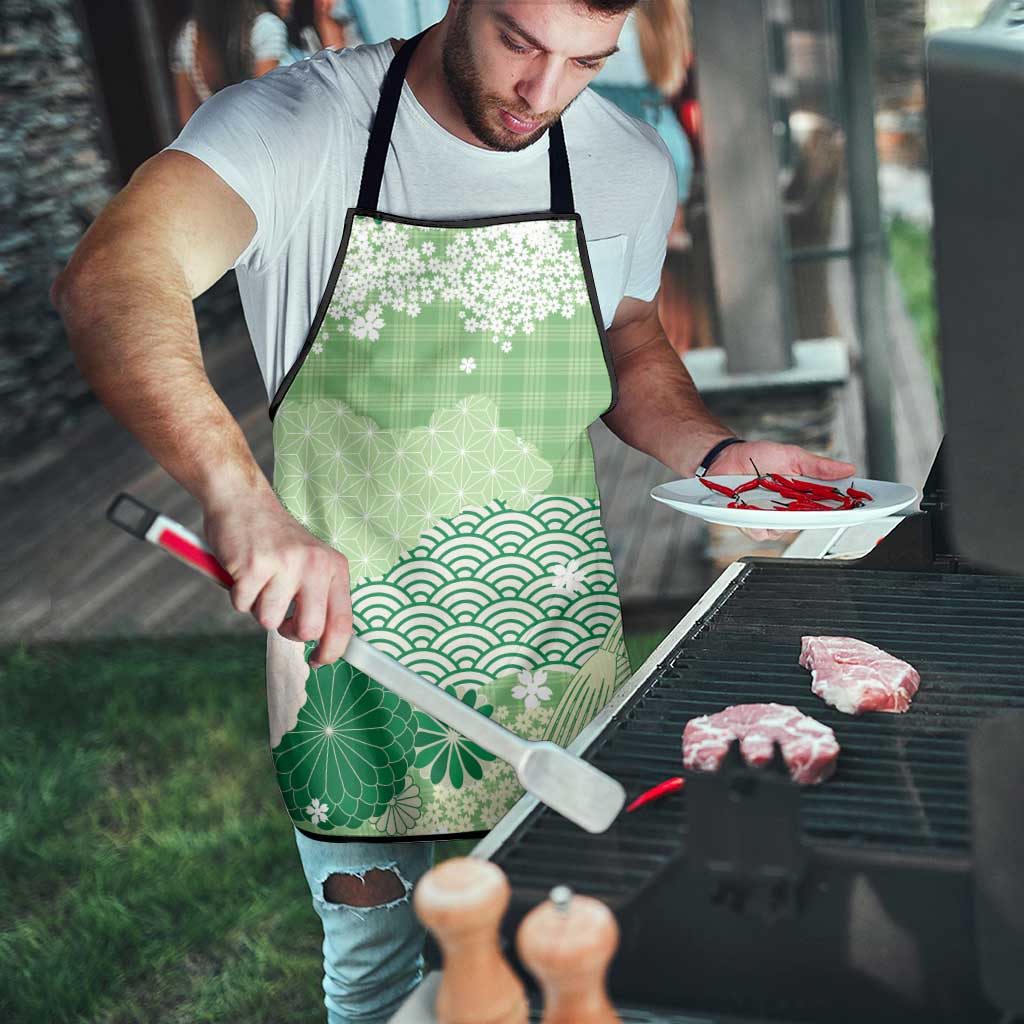 Green Palaka Japanese Patterns Apron Asanoha Seigaiha Sakura Motif - Polynesian Pride