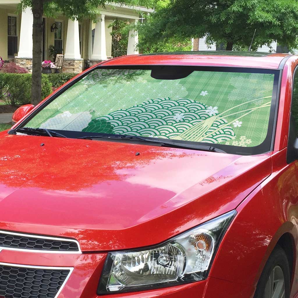 Green Palaka Japanese Patterns Auto Sun Shade Asanoha Seigaiha Sakura Motif - Polynesian Pride
