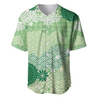 Green Palaka Japanese Patterns Baseball Jersey Asanoha Seigaiha Sakura Motif LT14 Green - Polynesian Pride