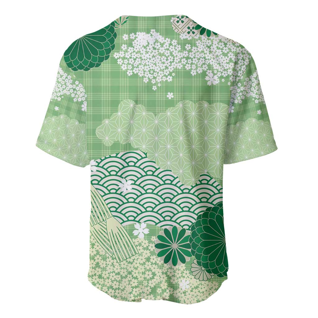 Green Palaka Japanese Patterns Baseball Jersey Asanoha Seigaiha Sakura Motif LT14 - Polynesian Pride