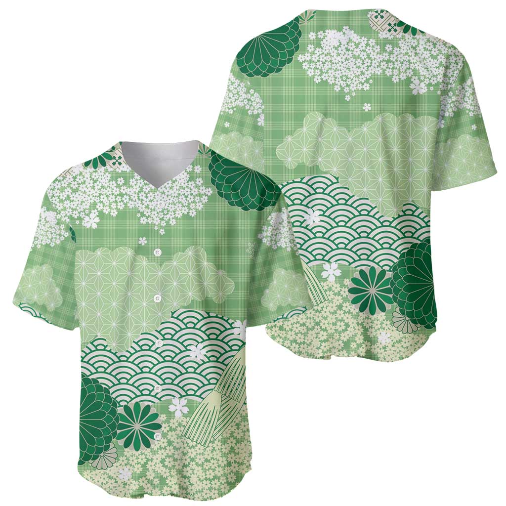 Green Palaka Japanese Patterns Baseball Jersey Asanoha Seigaiha Sakura Motif LT14 - Polynesian Pride