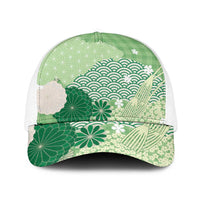 Green Japanese Traditional Motifs Baseball Net Cap Palaka With Asanoha Seigaiha Sakura - Polynesian Pride