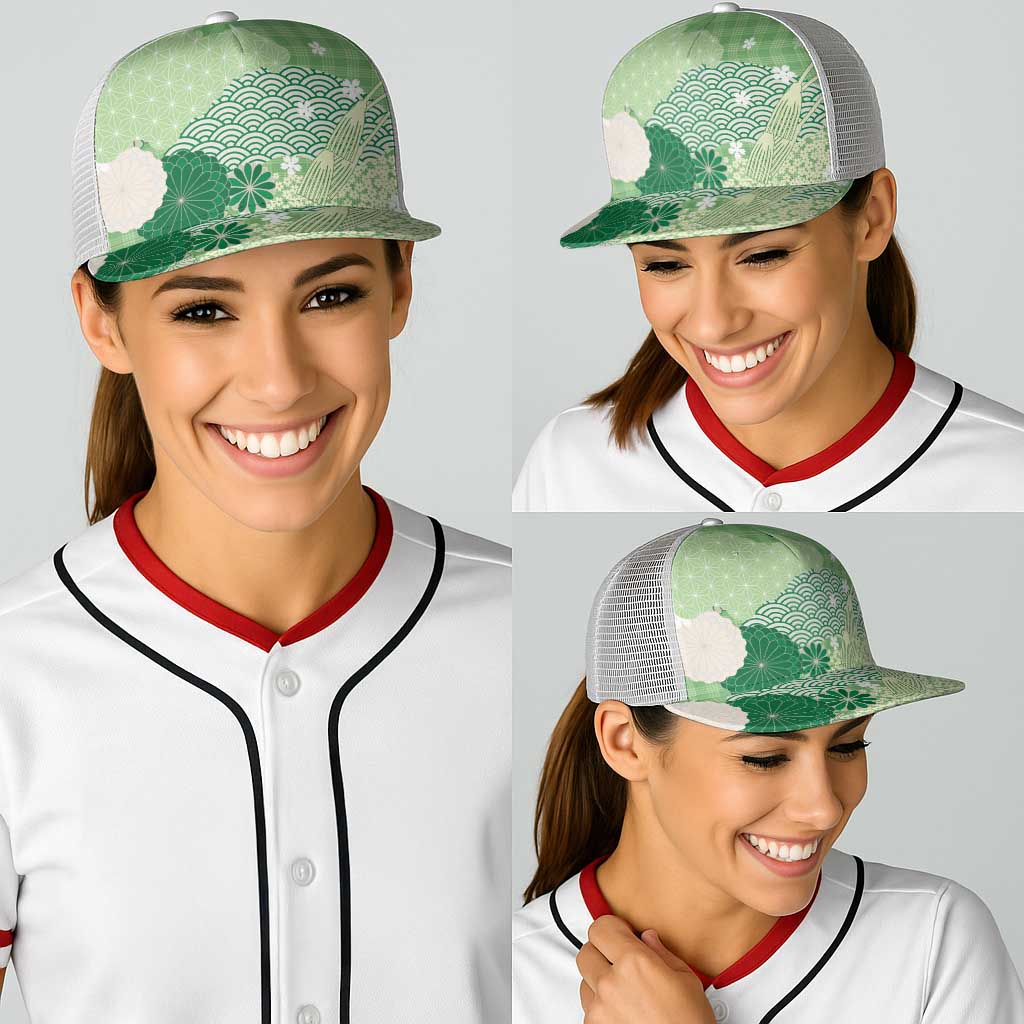 Green Japanese Traditional Motifs Baseball Net Cap Palaka With Asanoha Seigaiha Sakura - Polynesian Pride