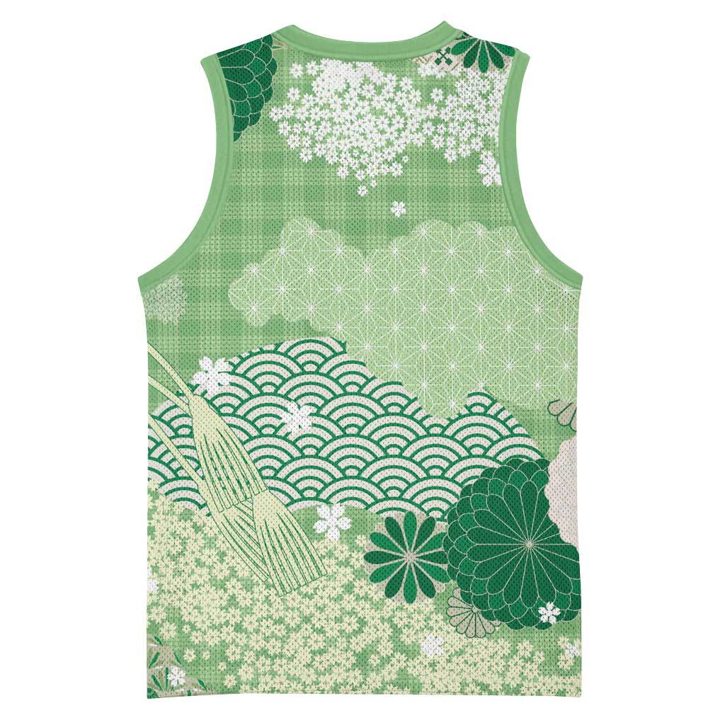 Green Palaka Japanese Patterns Basketball Jersey Asanoha Seigaiha Sakura Motif - Polynesian Pride