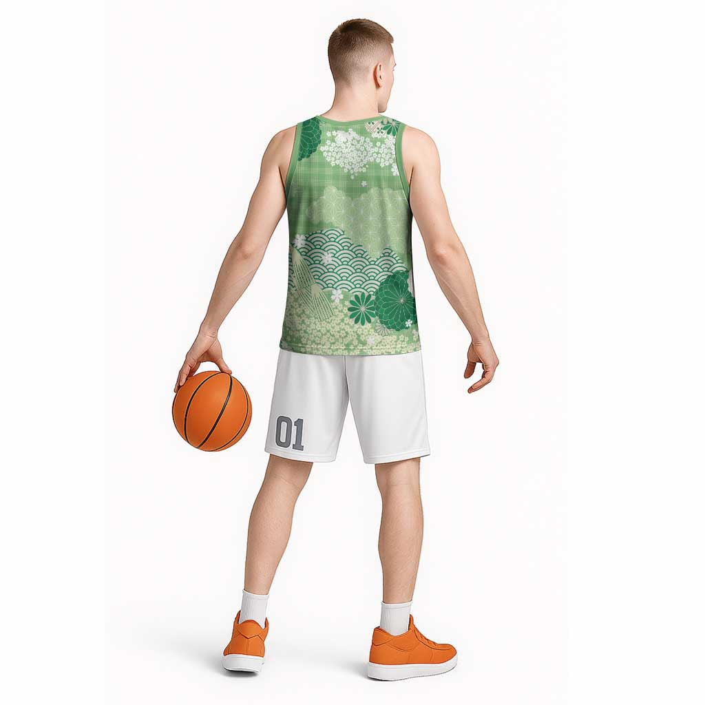 Green Palaka Japanese Patterns Basketball Jersey Asanoha Seigaiha Sakura Motif - Polynesian Pride