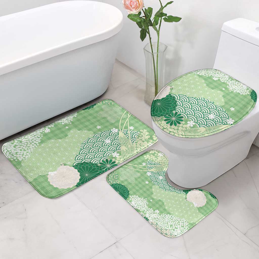 Green Palaka Japanese Patterns Bathroom Set Asanoha Seigaiha Sakura Motif - Polynesian Pride