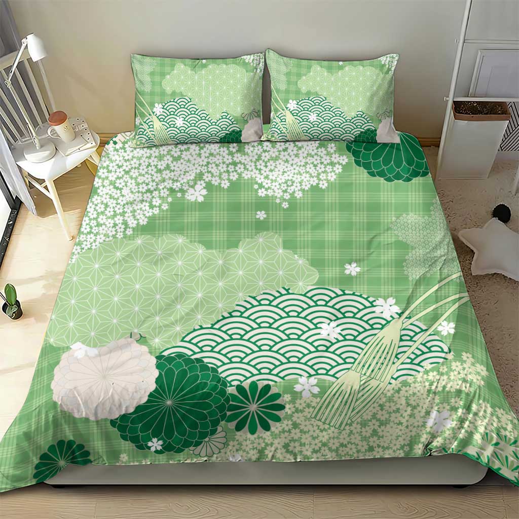 Green Palaka Japanese Patterns Bedding Set Asanoha Seigaiha Sakura Motif - Polynesian Pride