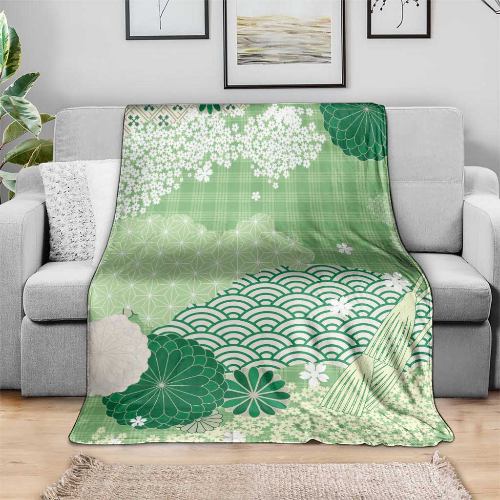 Green Palaka Japanese Patterns Blanket Asanoha Seigaiha Sakura Motif LT14 - Polynesian Pride