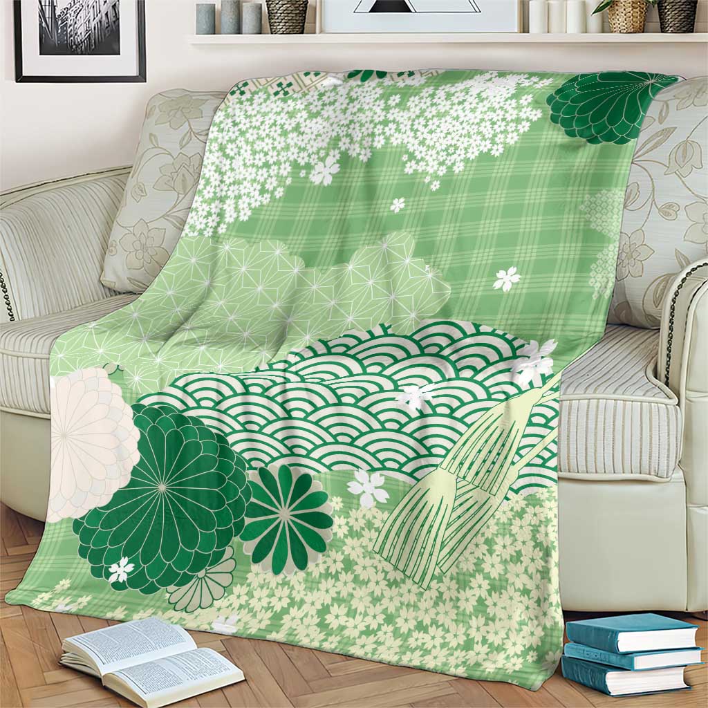 Green Palaka Japanese Patterns Blanket Asanoha Seigaiha Sakura Motif LT14 - Polynesian Pride