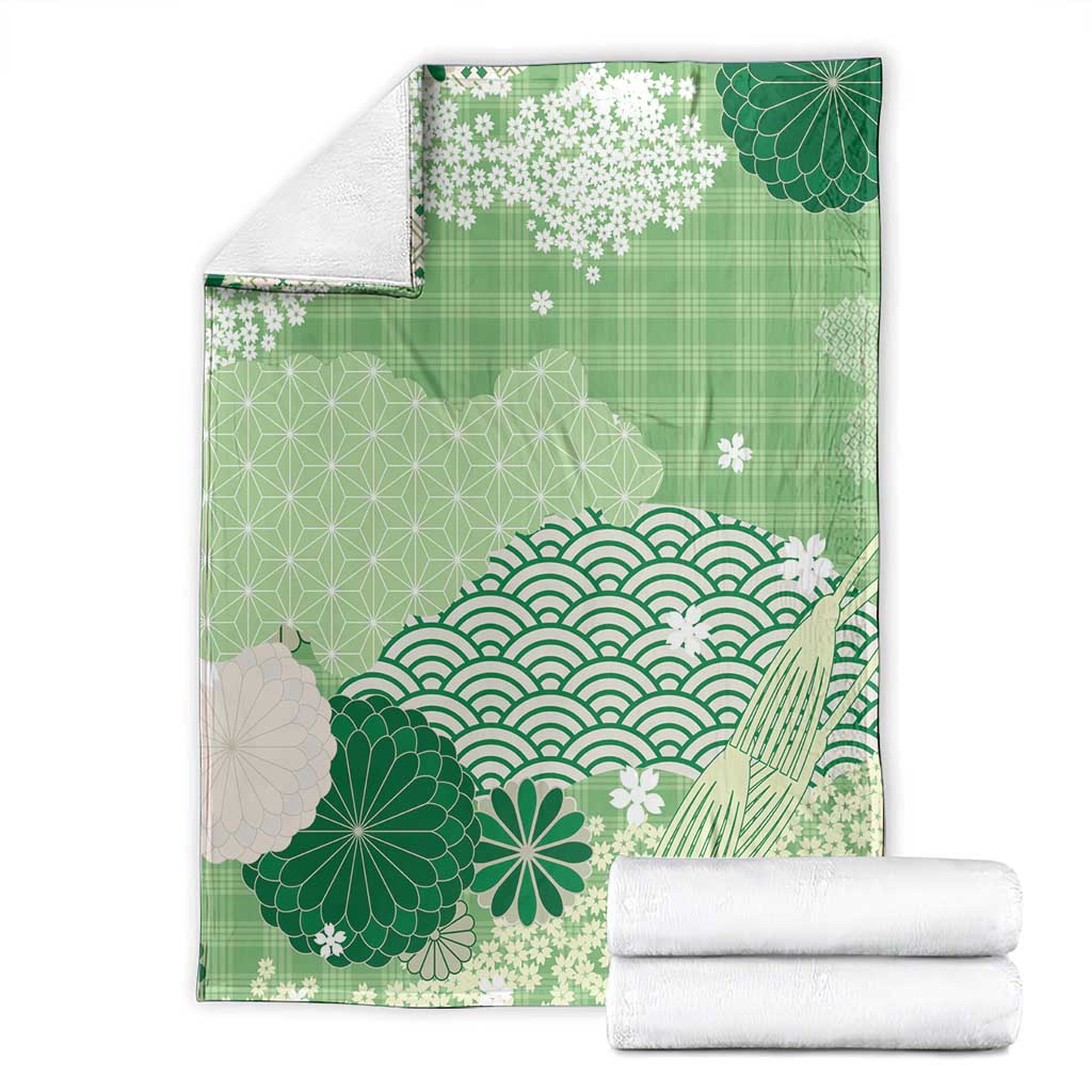 Green Palaka Japanese Patterns Blanket Asanoha Seigaiha Sakura Motif LT14 - Polynesian Pride
