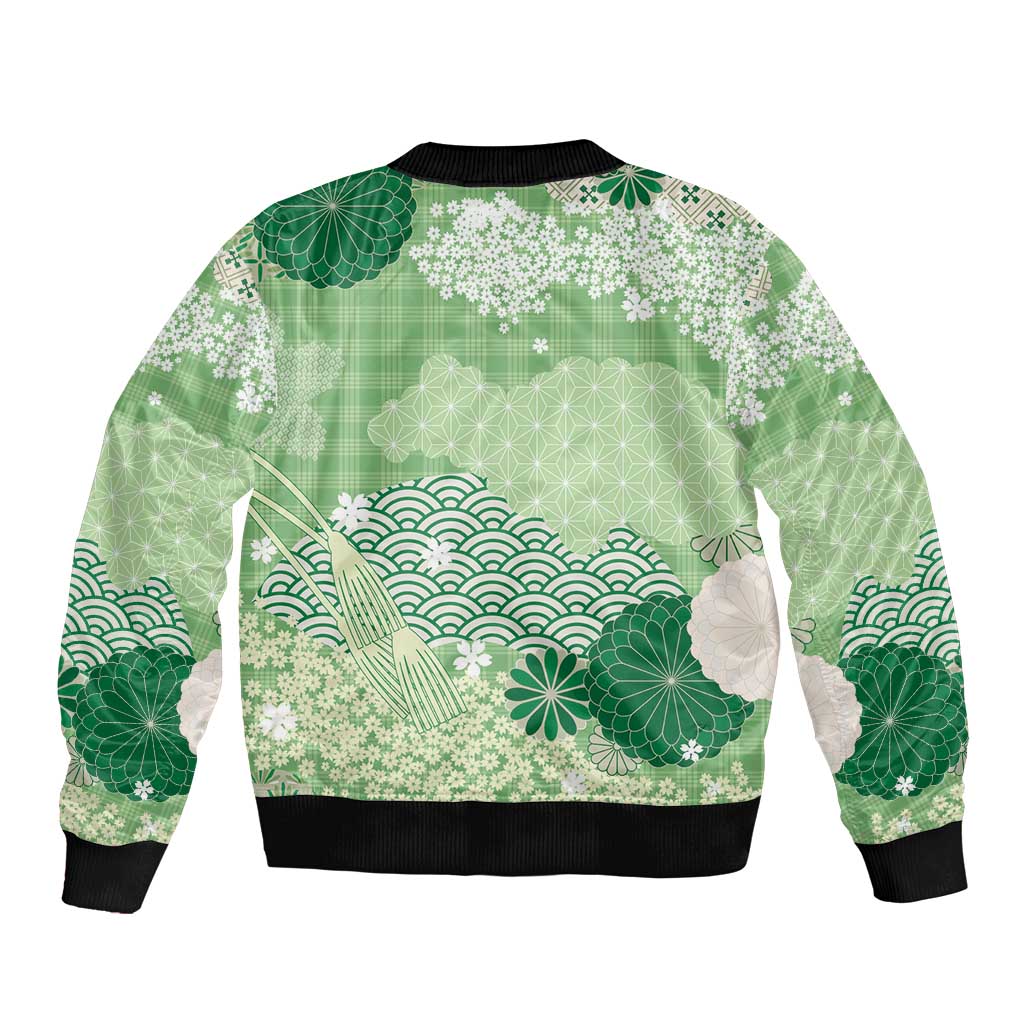 Green Palaka Japanese Patterns Bomber Jacket Asanoha Seigaiha Sakura Motif LT14 - Polynesian Pride