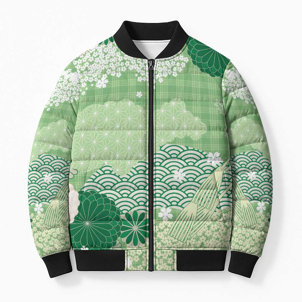 Green Palaka Japanese Patterns Bomber Puffer Jacket Asanoha Seigaiha Sakura Motif - Polynesian Pride