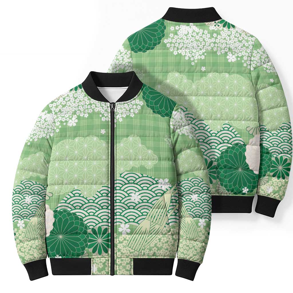 Green Palaka Japanese Patterns Bomber Puffer Jacket Asanoha Seigaiha Sakura Motif - Polynesian Pride