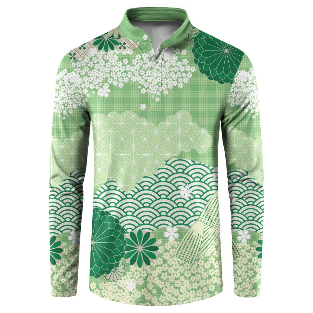 Green Palaka Japanese Patterns Button Sweatshirt Asanoha Seigaiha Sakura Motif - Polynesian Pride