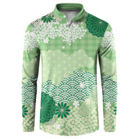 Green Palaka Japanese Patterns Button Sweatshirt Asanoha Seigaiha Sakura Motif - Polynesian Pride