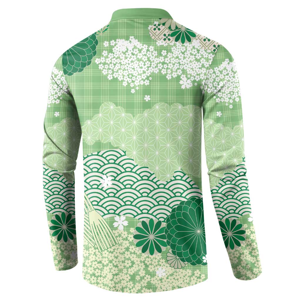 Green Palaka Japanese Patterns Button Sweatshirt Asanoha Seigaiha Sakura Motif - Polynesian Pride
