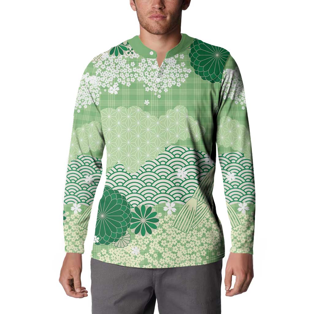 Green Palaka Japanese Patterns Button Sweatshirt Asanoha Seigaiha Sakura Motif - Polynesian Pride