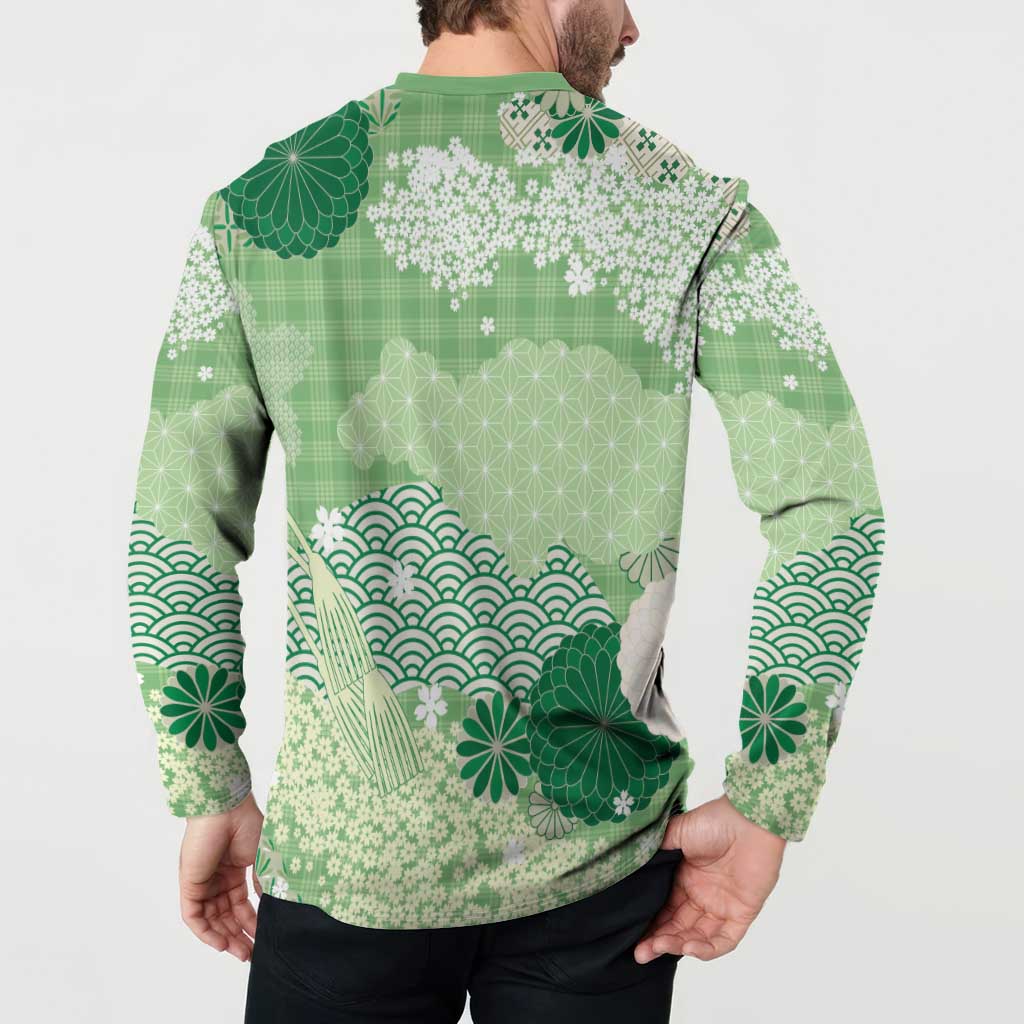 Green Palaka Japanese Patterns Button Sweatshirt Asanoha Seigaiha Sakura Motif - Polynesian Pride