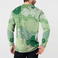 Green Palaka Japanese Patterns Button Sweatshirt Asanoha Seigaiha Sakura Motif - Polynesian Pride