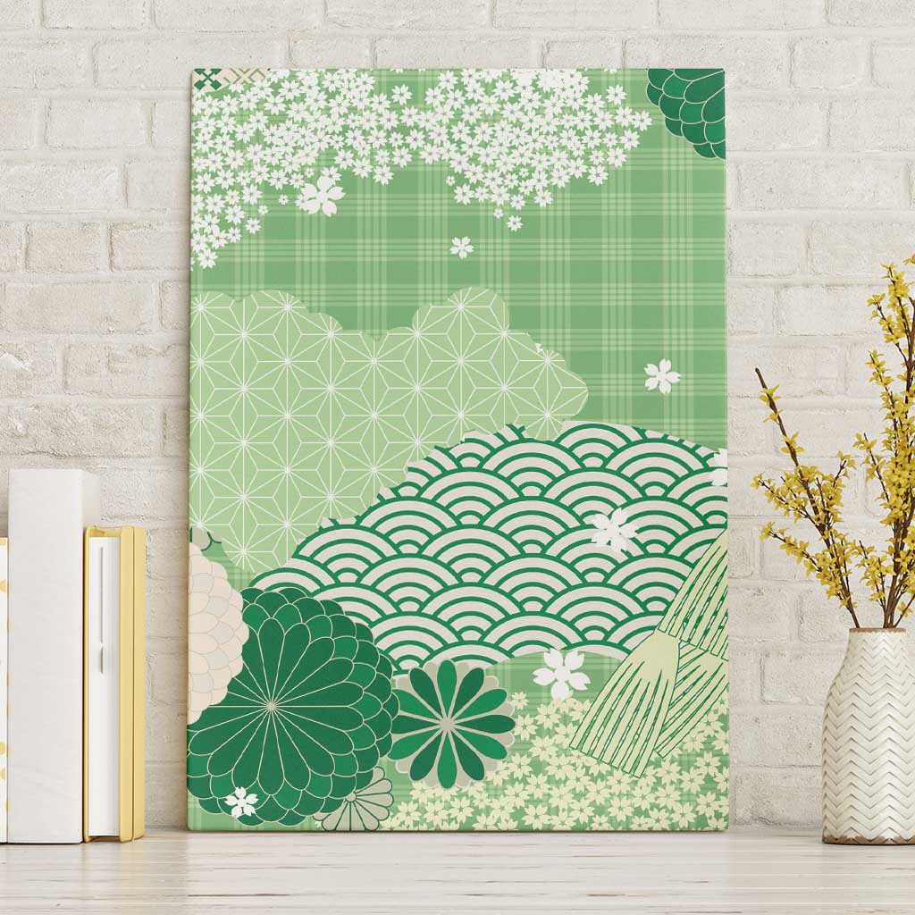 Green Palaka Japanese Patterns Canvas Wall Art Asanoha Seigaiha Sakura Motif - Polynesian Pride