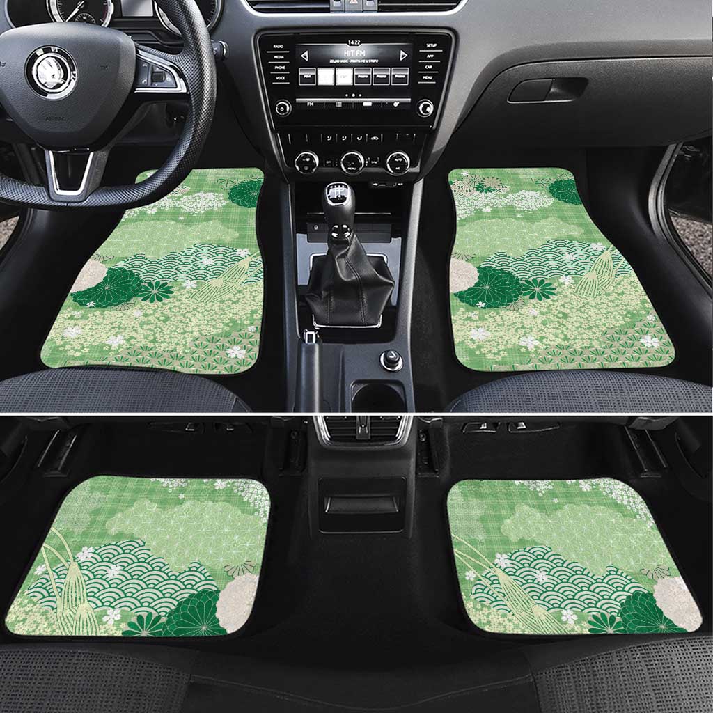 Green Palaka Japanese Patterns Car Mats Asanoha Seigaiha Sakura Motif - Polynesian Pride