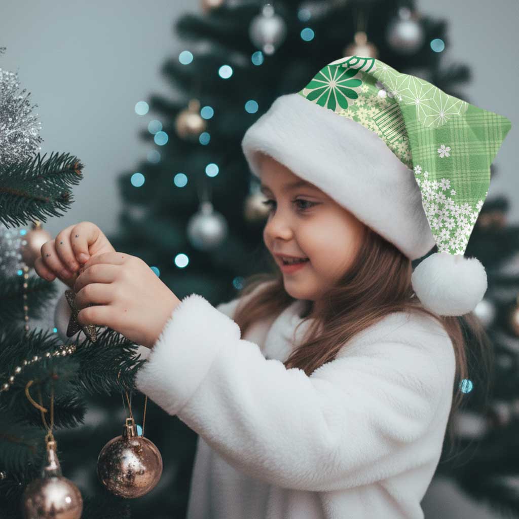 Green Palaka Japanese Patterns Christmas Santa Hat Asanoha Seigaiha Sakura Motif - Polynesian Pride