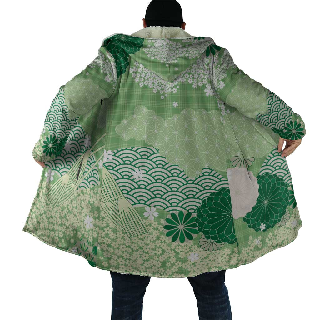 Green Palaka Japanese Patterns Cloak Asanoha Seigaiha Sakura Motif - Polynesian Pride