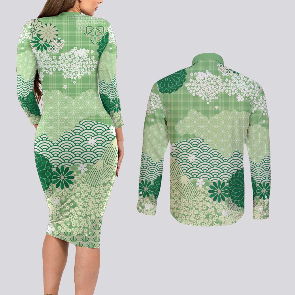 Green Palaka Japanese Patterns Couples Matching Long Sleeve Bodycon Dress and Long Sleeve Button Shirt Asanoha Seigaiha Sakura Motif - Polynesian Pride