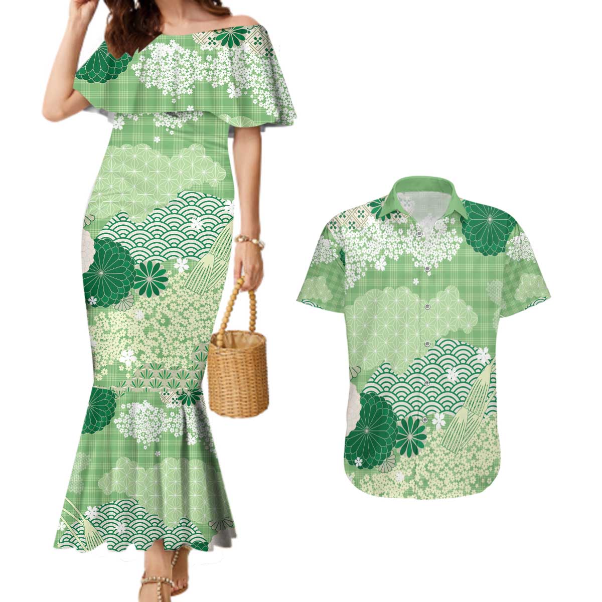 Green Palaka Japanese Patterns Couples Matching Mermaid Dress and Hawaiian Shirt Asanoha Seigaiha Sakura Motif - Polynesian Pride