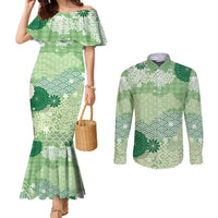Green Palaka Japanese Patterns Couples Matching Mermaid Dress and Long Sleeve Button Shirt Asanoha Seigaiha Sakura Motif - Polynesian Pride