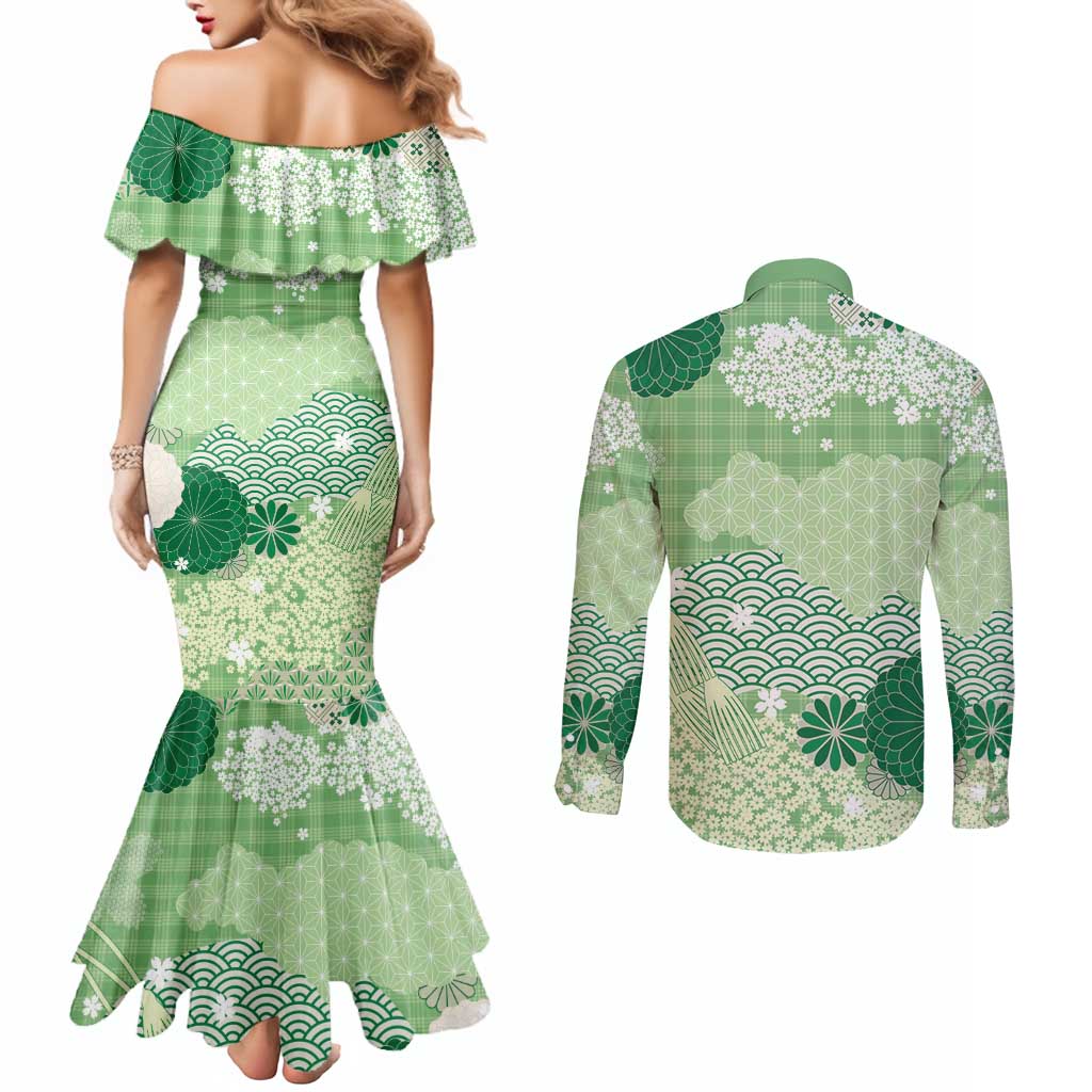 Green Palaka Japanese Patterns Couples Matching Mermaid Dress and Long Sleeve Button Shirt Asanoha Seigaiha Sakura Motif - Polynesian Pride
